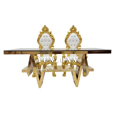 좋은 가격 소매자 잡초 가구 테이블 현대 고급 금 스테인레스 스틸 유리 식탁 6 의자 세트 온라인으로