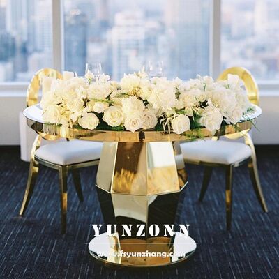 좋은 가격 새 모델 금 스테인레스 스틸 웨딩 둥근 거울 유리 톱 케이크 테이블 스탠드 온라인으로