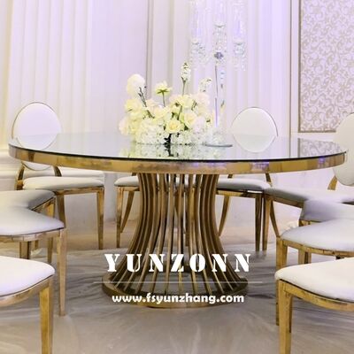 좋은 가격 골드 스테인리스 스틸 베이스와 유리 상단으로 된 고급 둥근 식탁 결혼식 및 행사를위한 잔치 호텔 가구 온라인으로