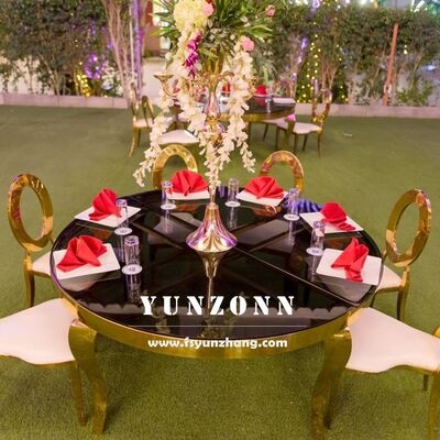 좋은 가격 고급 현대 스테인리스 스틸 식탁 유리 상단 야외 결혼식 호텔 파티 잔치 둥근 디자인 온라인으로