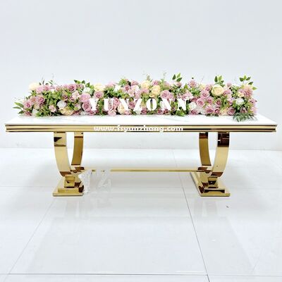 좋은 가격 럭셔리 파티 이벤트 장식 골드 다리 테이블 모던 유리 직사각형 스테인리스 스틸 웨딩 연회 테이블 온라인으로
