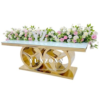 좋은 가격 벤츠 기반의 현대 금 직사각형 식탁 럭셔리 웨딩 이벤트 가구 야외 및 호텔용 유리 / MDF 탑 온라인으로