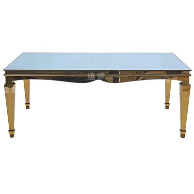 좋은 가격 현대 금 스테인레스 스틸 직사각형 미아 잔치 식사 테이블 템퍼드 글래스 톱 내구성 호텔 이벤트 온라인으로