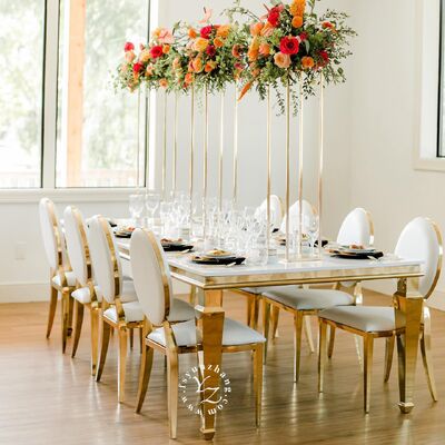 좋은 가격 현대 금 스테인레스 스틸 거울 유리 상단 식당 테이블 호텔 결혼식 파티 야외 행사 대접 온라인으로