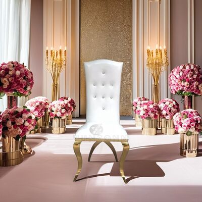 좋은 가격 야외 거실, 호텔 및 결혼식을 위한 골드 스테인리스 스틸 교차 다리가 있는 럭셔리 하이 백 레스트 다이닝 스론 온라인으로