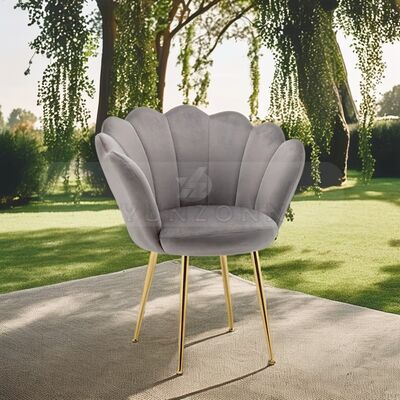좋은 가격 북유럽 디자이너 그레이 벨벳 식탁 의자 조개 모양 등받이 골드 다리 1인용 암체어 거실 호텔 체육관 - 패브릭 메탈 온라인으로